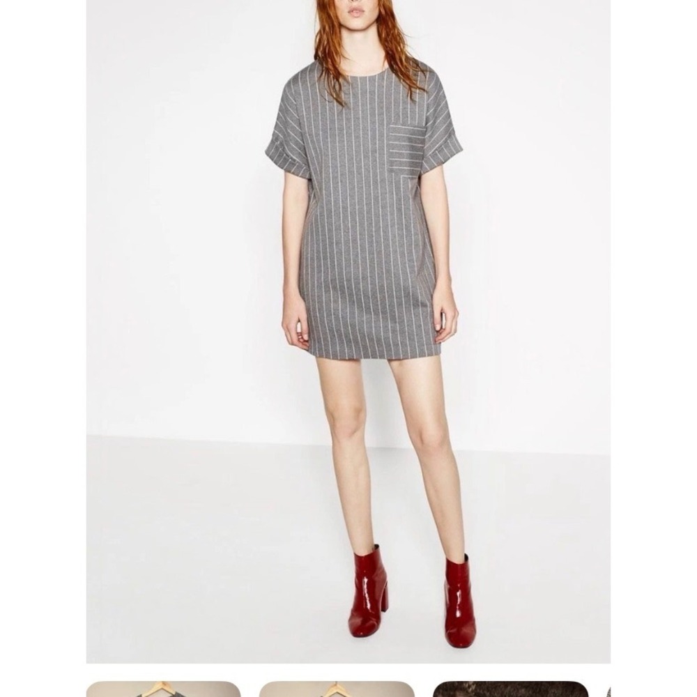 Zara Oversized‎ Pinstripe Tunic Mini Dress Women's S Gray Longline Shirt Dress